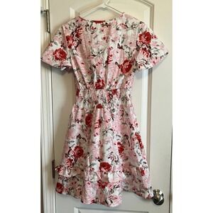 Flowers Sundress Women Medium Pink Like New Floral Open Back Tie Ruffle C327